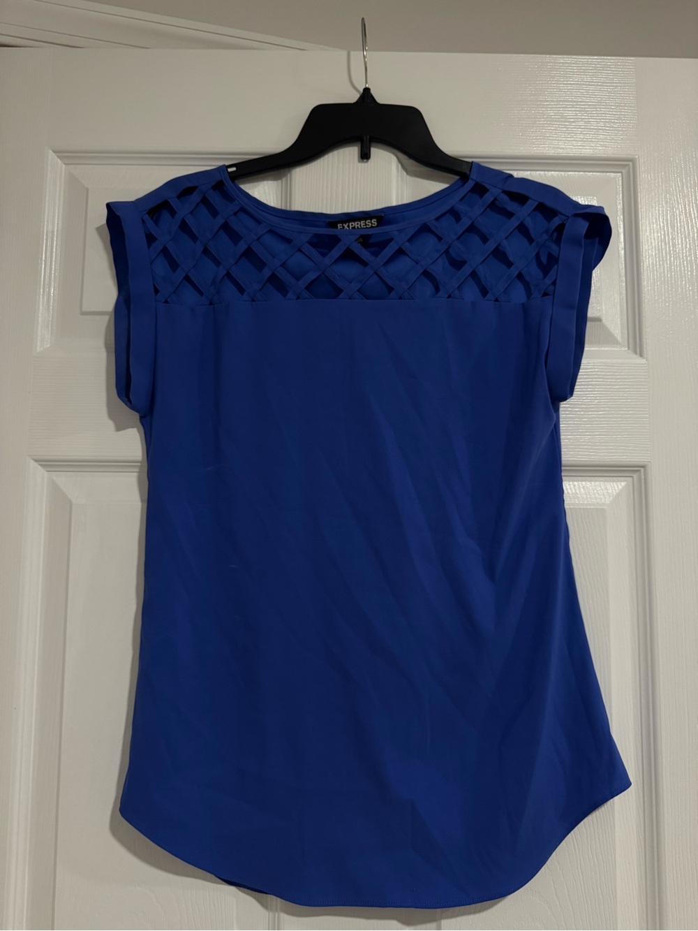 Express Royal Blue Lattice Yoke Cap Sleeve Blouse